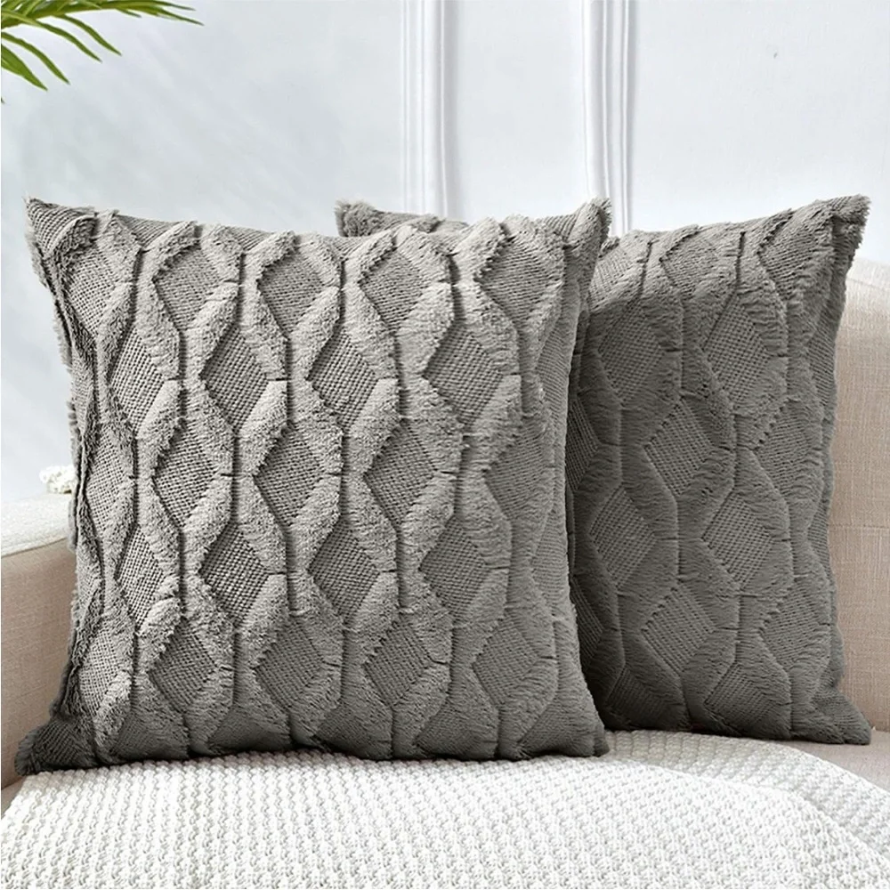 Light Grey Farmhouse Pillow Cover Furry Faux Luxury Soft Warm Pillow Case Set